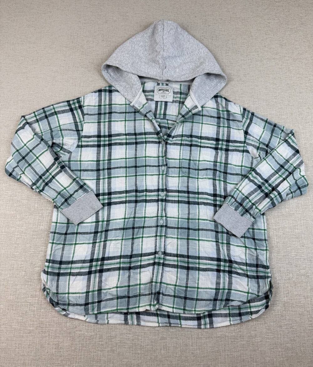 American Eagle Men’s XL Plaid Hooded Flannel Shirt Green Black Button Up
